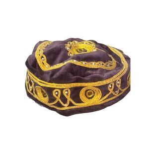 Vintage Velvet Embroidered Turkish Hat Kufi Gold Thread Mirror Bead Costume